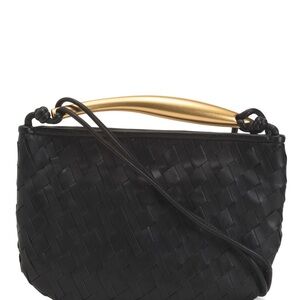 Black leather Woven Handbag with Gold Handle